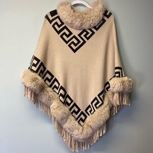Elegant Cream and Black Women's Sweater Poncho